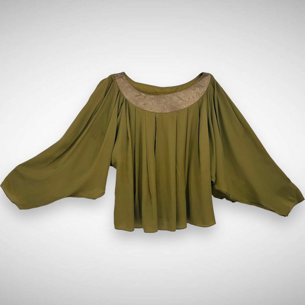 Theodore Vintage Silk Leather Trim Peasant Top Blouse Size 4‎ US FR 36 Retro